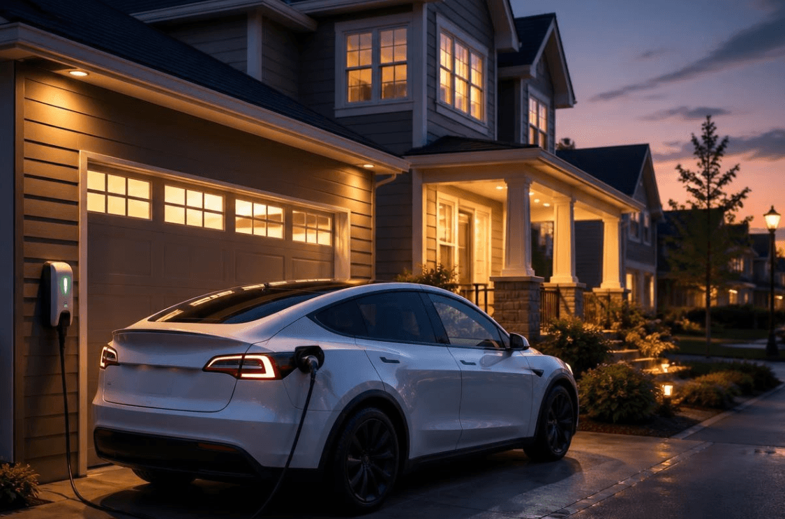 Electric vehicle charging overnight at a Santa Clara home with a Level 2 EV charger