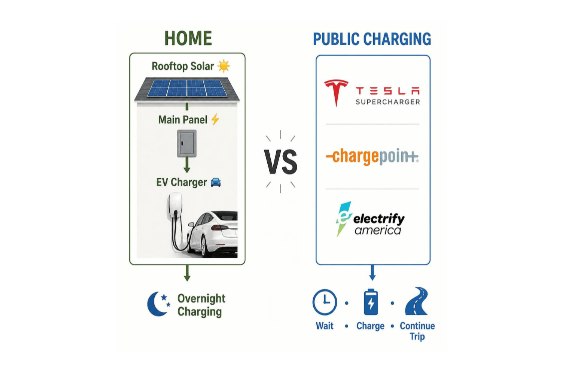 Illustration comparing home EV charging and public EV charging in Santa Clara