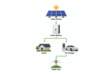 Illustration showing how solar panels, battery storage, EV charger, and the electrical grid work together