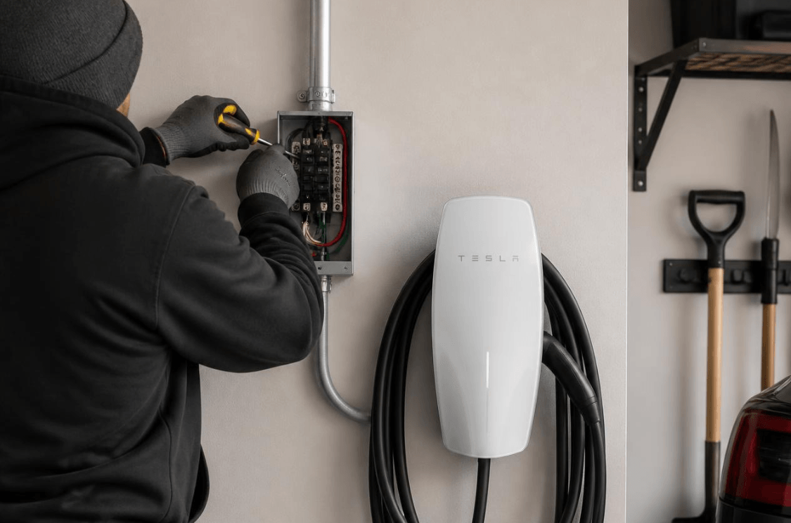 Nabu Energy technician installing a Level 2 home EV charger for a homeowner in the Santa Clara