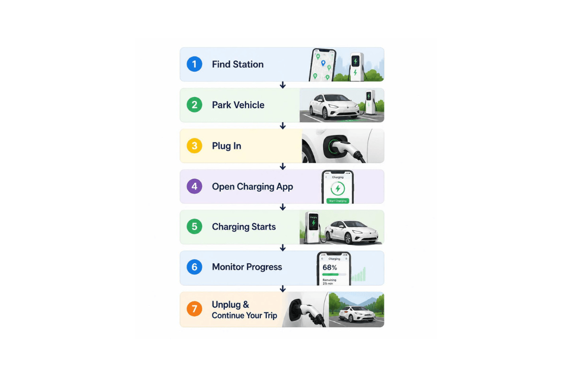Step-by-step process showing how to use a public EV charging station, from finding a charger to unplugging and continuing your trip.