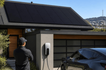 Bay Area homeowner eligible for California's $3,500 EV Rebate charging an electric vehicle at home with solar panels