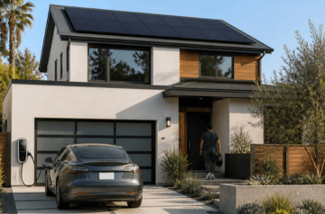 California home with rooftop solar panels and an electric vehicle charging