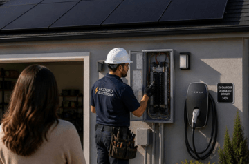 Electrician evaluating a home's electrical panel for EV charger installation